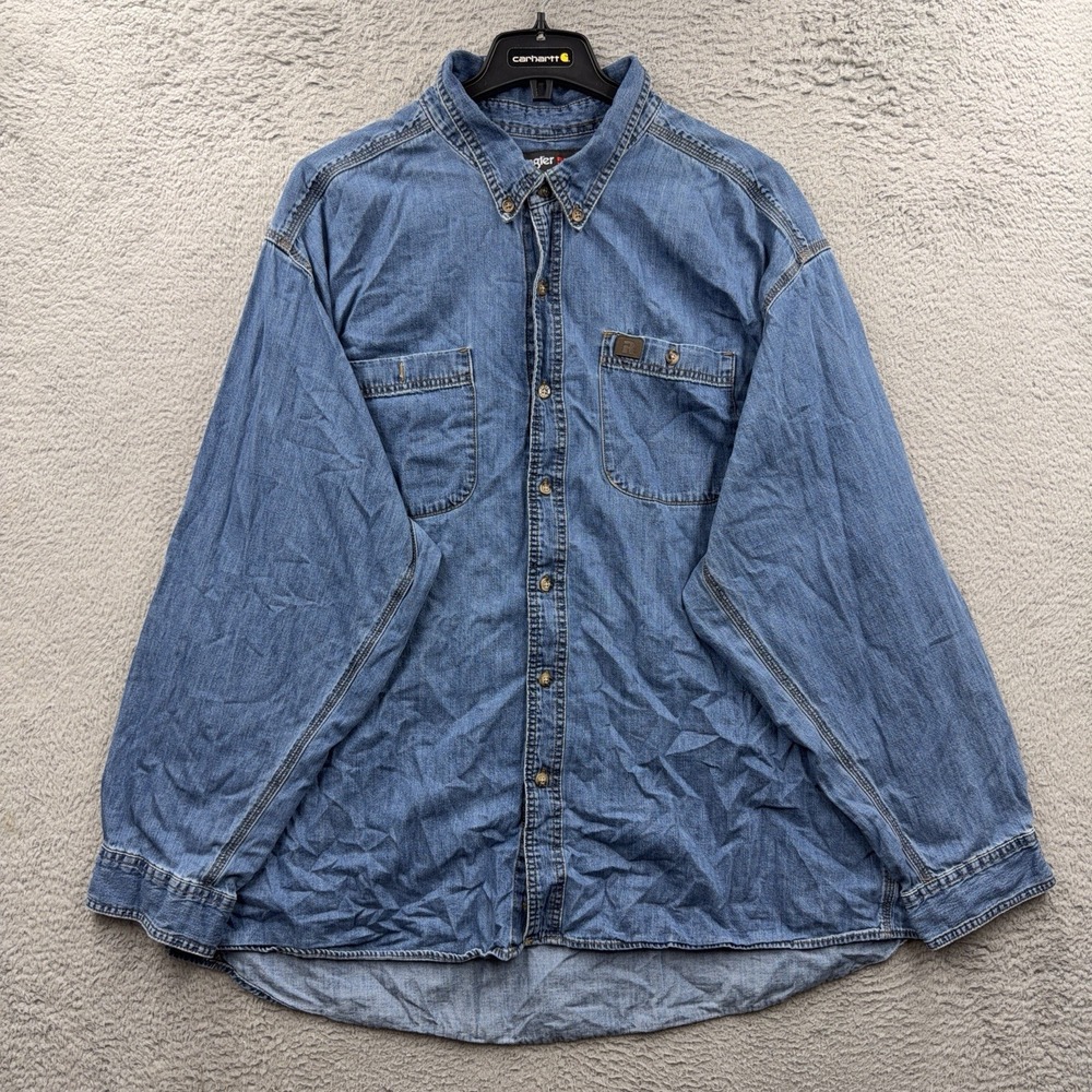 Wrangler Riggs Workwear Blue Denim Shirt Mens Size XXL Button Down Western